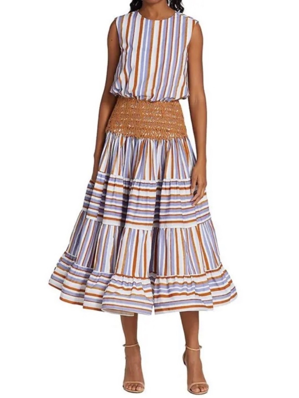 $1.300 Silvia Tcherassi Sleeveless Striped Midi Dress in Blue & Tan